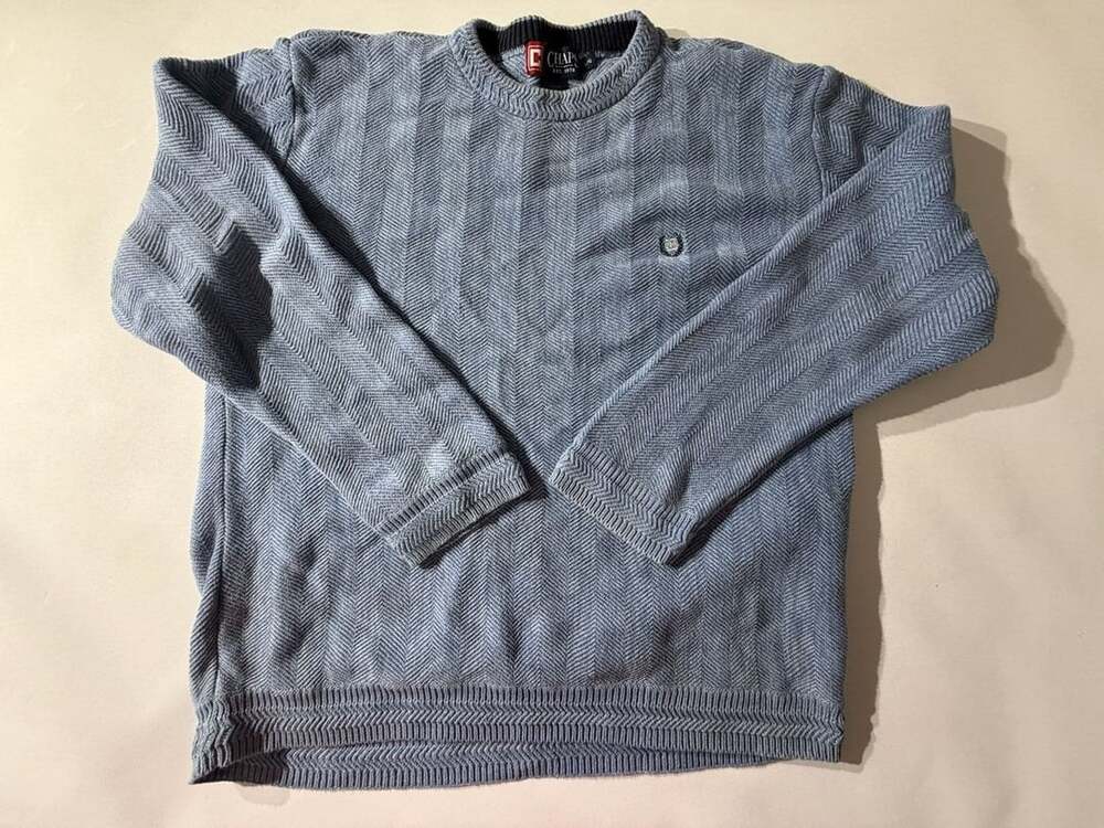 Chaps L Blue Herringbone Knit Sweater Crewneck Logo Cotton